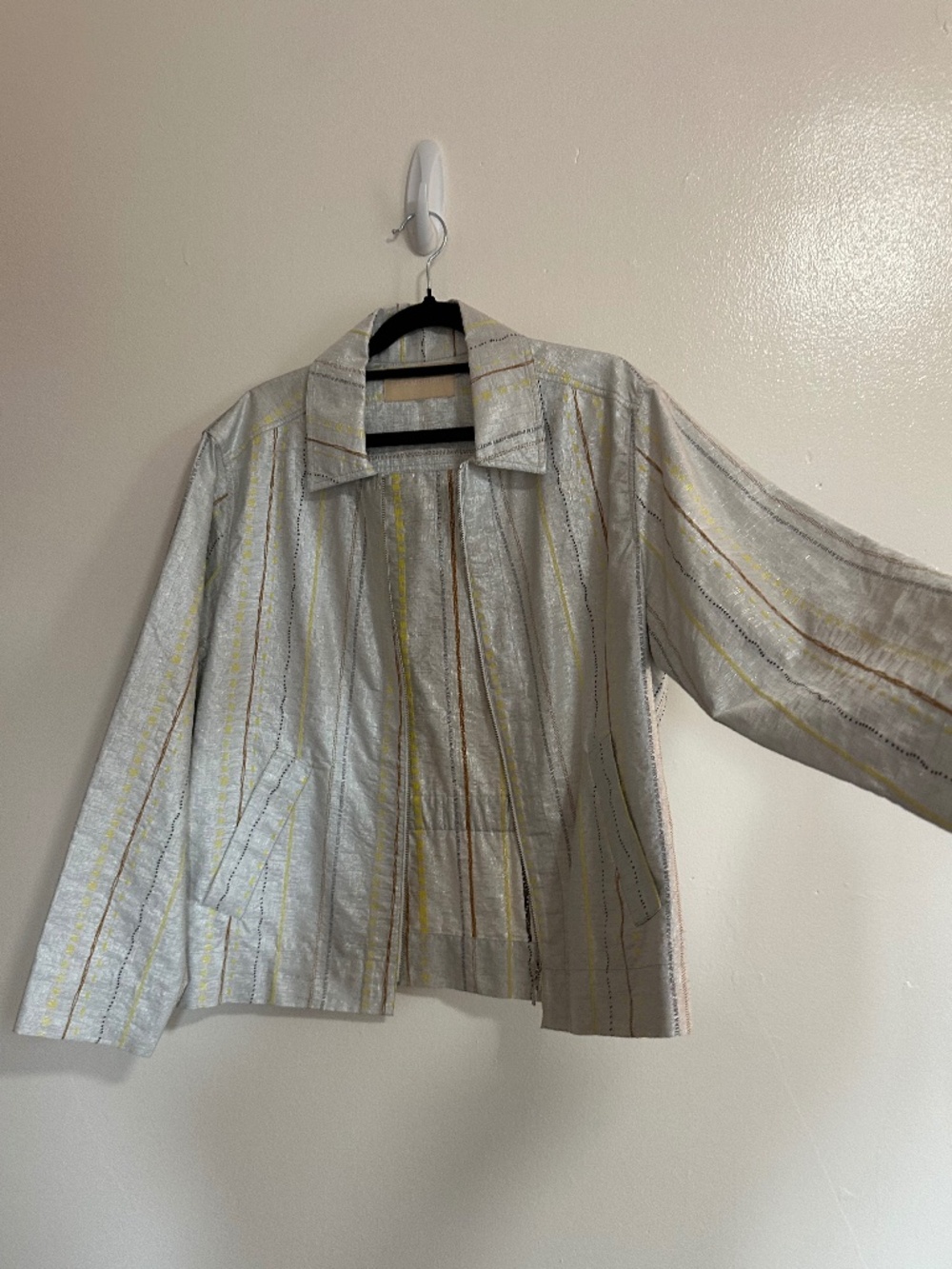 Lita Mortari Metallic Silver Woven Zip Jacket  Embroidered Stripe Detail, US 12
